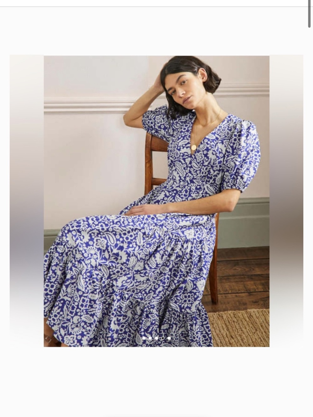 Boden Blue and White Floral Midi Dress - V-Neck Puff Sleeve, tiered midi skirt. - Picture 4 of 11